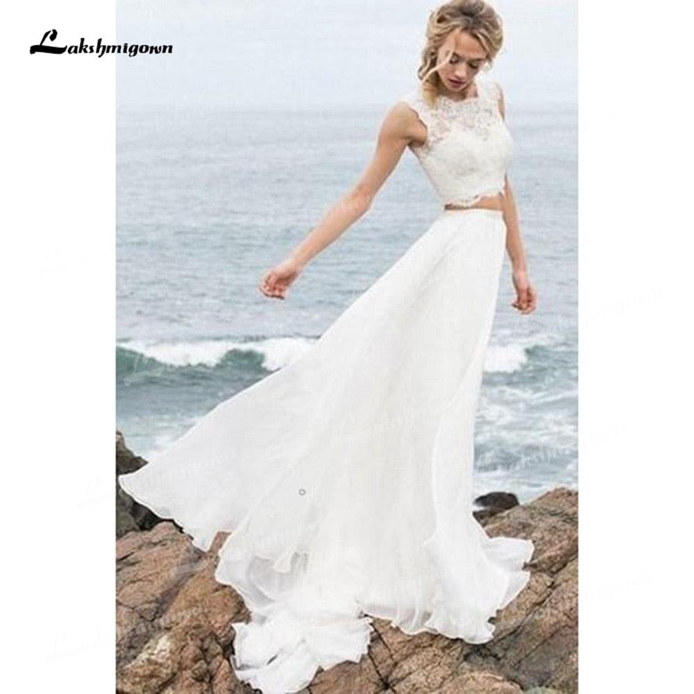 NumberSea - Vestidos de novia bohemios de dos piezas de gasa, corte A, cuello redondo, manga corta, cola larga, apliques, pliegues, encaje, sencillos