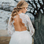 NumberSea - Vestido de novia bohemio de dos piezas de tul, corte A, cuello redondo, manga larga, espalda abierta, sexy, cola larga, apliques, encaje plisado