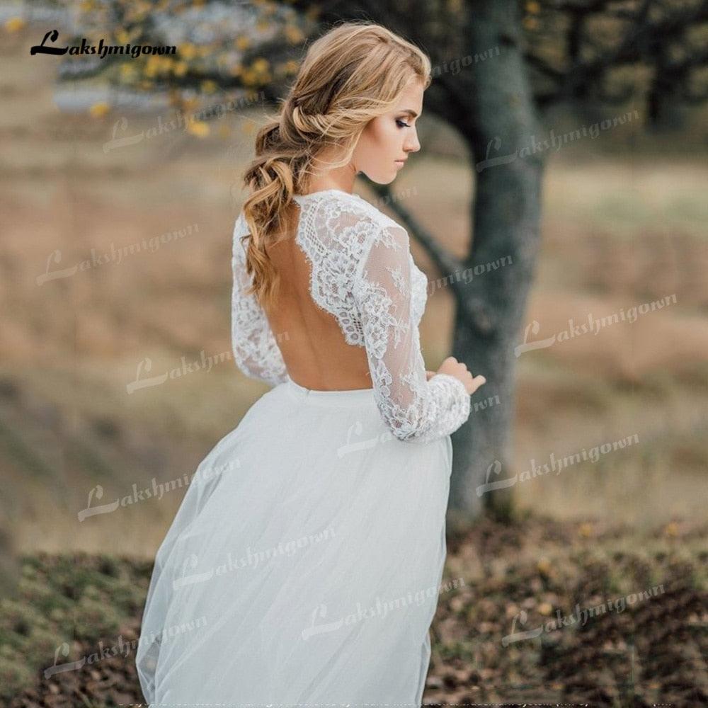 NumberSea - Vestido de novia bohemio de dos piezas de tul, corte A, cuello redondo, manga larga, espalda abierta, sexy, cola larga, apliques, encaje plisado