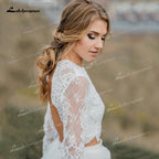 NumberSea - Vestido de novia bohemio de dos piezas de tul, corte A, cuello redondo, manga larga, espalda abierta, sexy, cola larga, apliques, encaje plisado