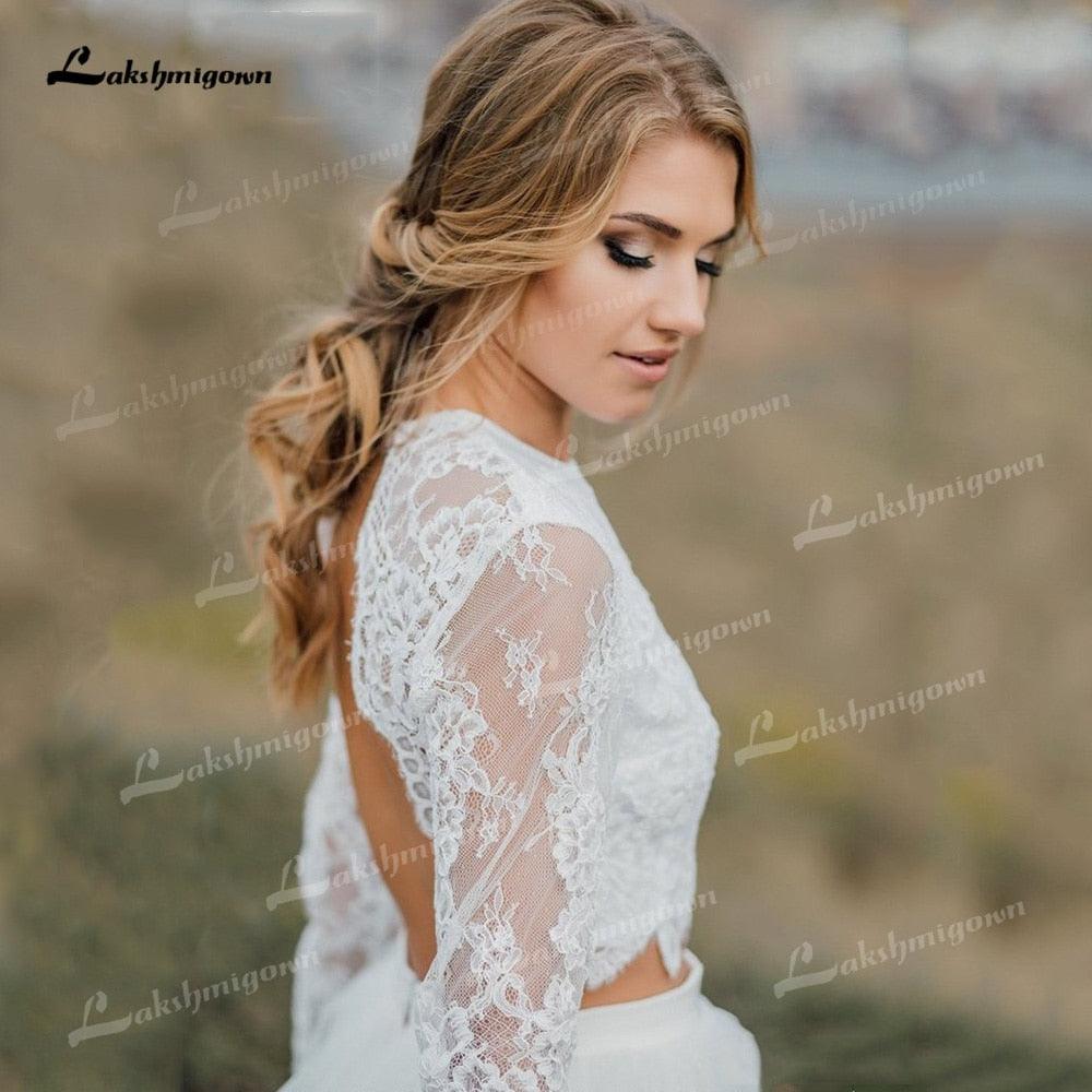 NumberSea - Vestido de novia bohemio de dos piezas de tul, corte A, cuello redondo, manga larga, espalda abierta, sexy, cola larga, apliques, encaje plisado