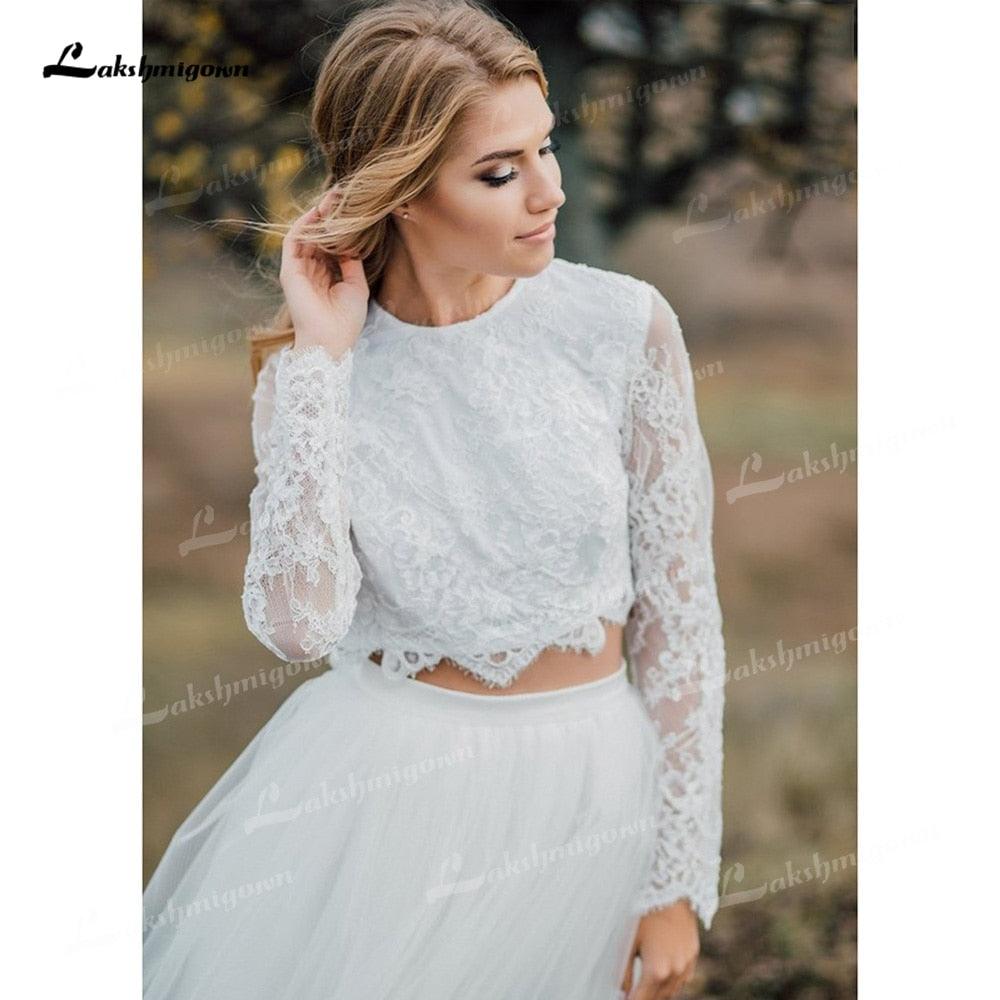 NumberSea - Vestido de novia bohemio de dos piezas de tul, corte A, cuello redondo, manga larga, espalda abierta, sexy, cola larga, apliques, encaje plisado