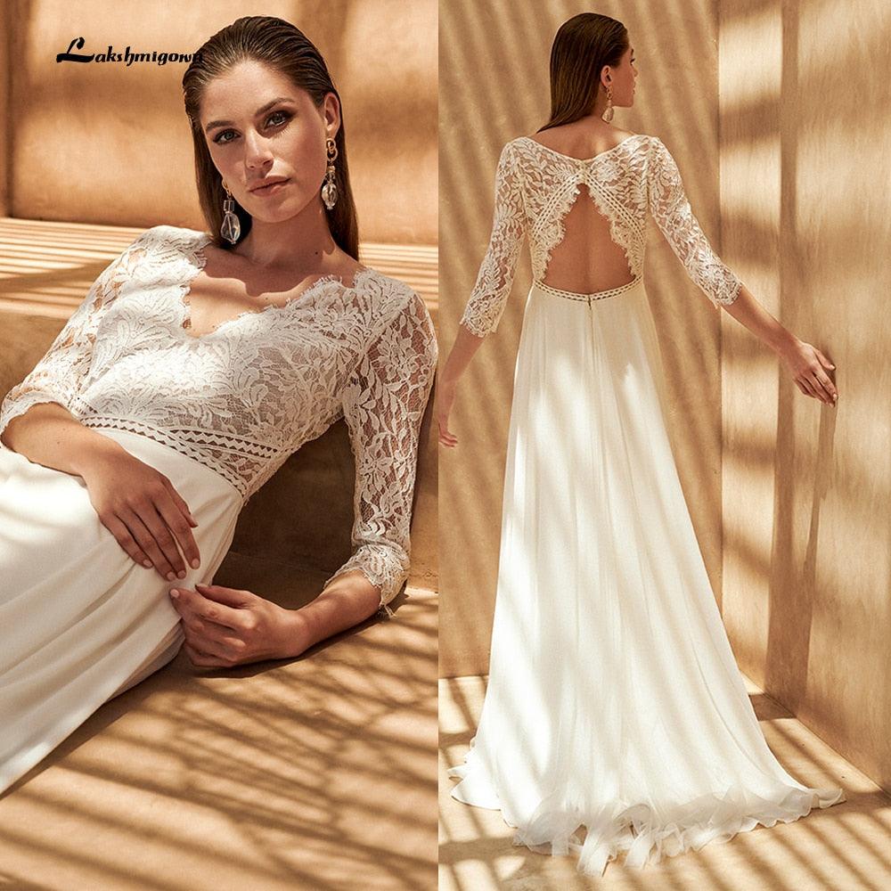 Vestido de novia NumberSea sexy con escote en V y manga tres cuartos, dos piezas, top de encaje, estilo bohemio, para mujer