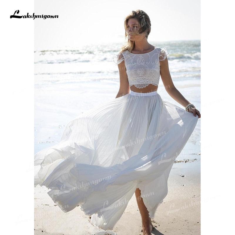 NumberSea Unique Two Pieces Wedding Dresses Boat Neck Lace Top Cap-Sleeve And Chiffon Skirt Sweep Train Beach Bride Gowns robe de mariage