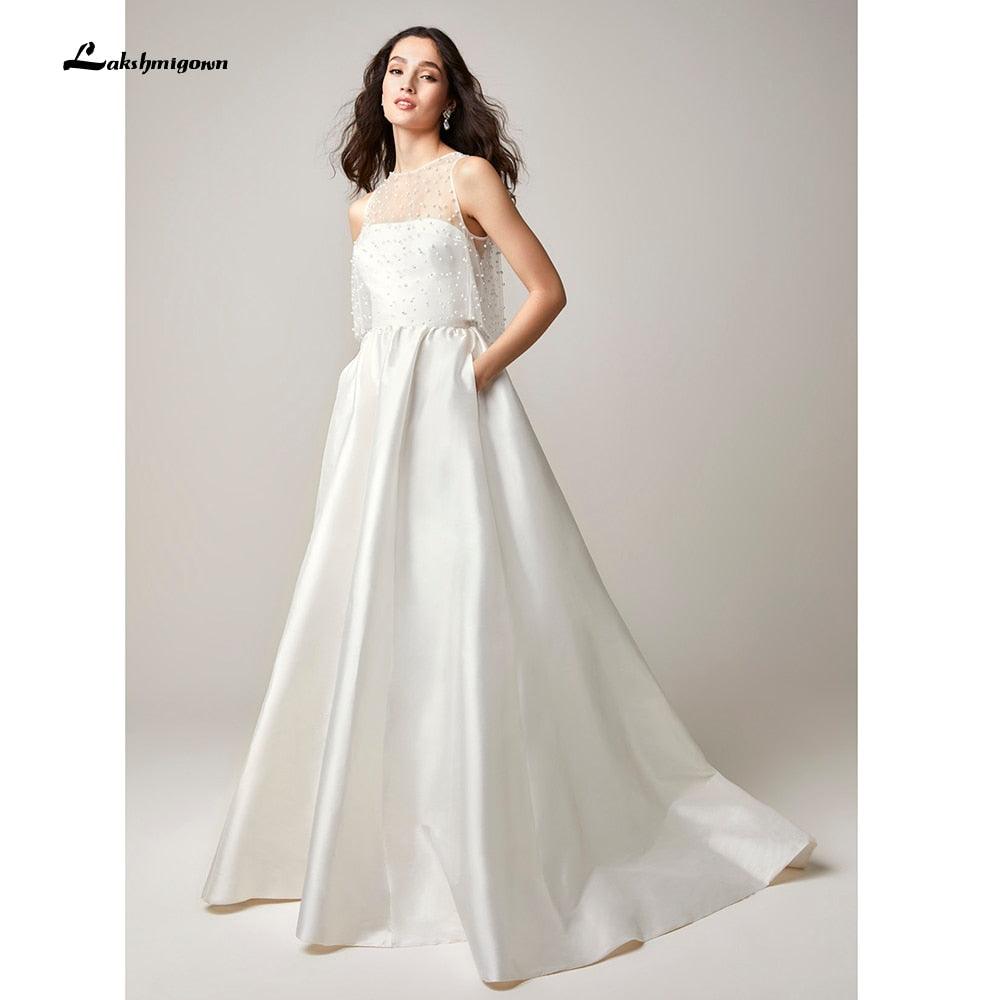 NumberSea Zwei Stücke Hochzeit Kleider 2022 Perlen Top Brautkleid Jewel Neck Strand Satin Hochzeit Kleid Vestidos De Novia