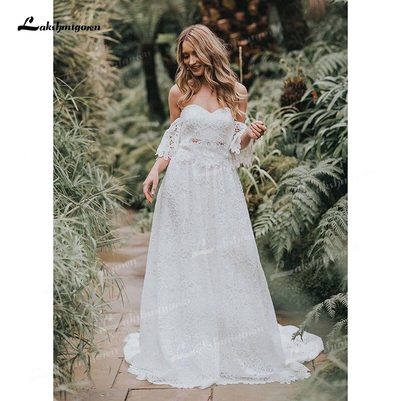 NumberSea - Vestidos de novia largos bohemios de dos piezas con escote corazón, apliques, largo hasta el suelo, cola larga, encaje, manga corta