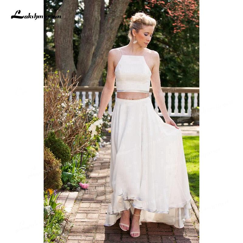 Vestidos de novia NumberSea de dos piezas de gasa, corte A, tirantes finos, cuello en V, espalda abierta, sin mangas, cola larga, para playa, con pliegues