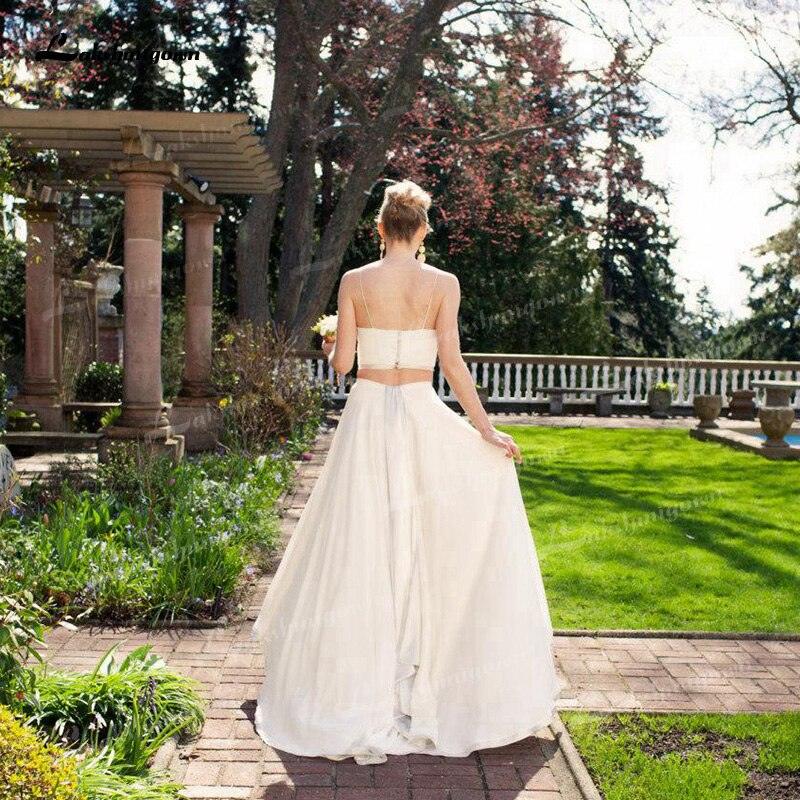 Vestidos de novia NumberSea de dos piezas de gasa, corte A, tirantes finos, cuello en V, espalda abierta, sin mangas, cola larga, para playa, con pliegues