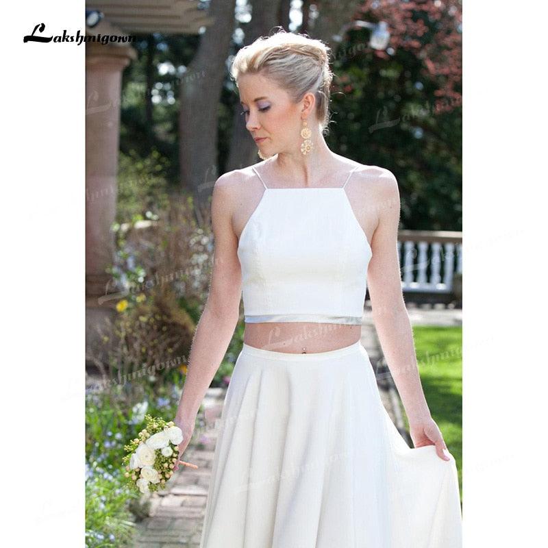 Vestidos de novia NumberSea de dos piezas de gasa, corte A, tirantes finos, cuello en V, espalda abierta, sin mangas, cola larga, para playa, con pliegues