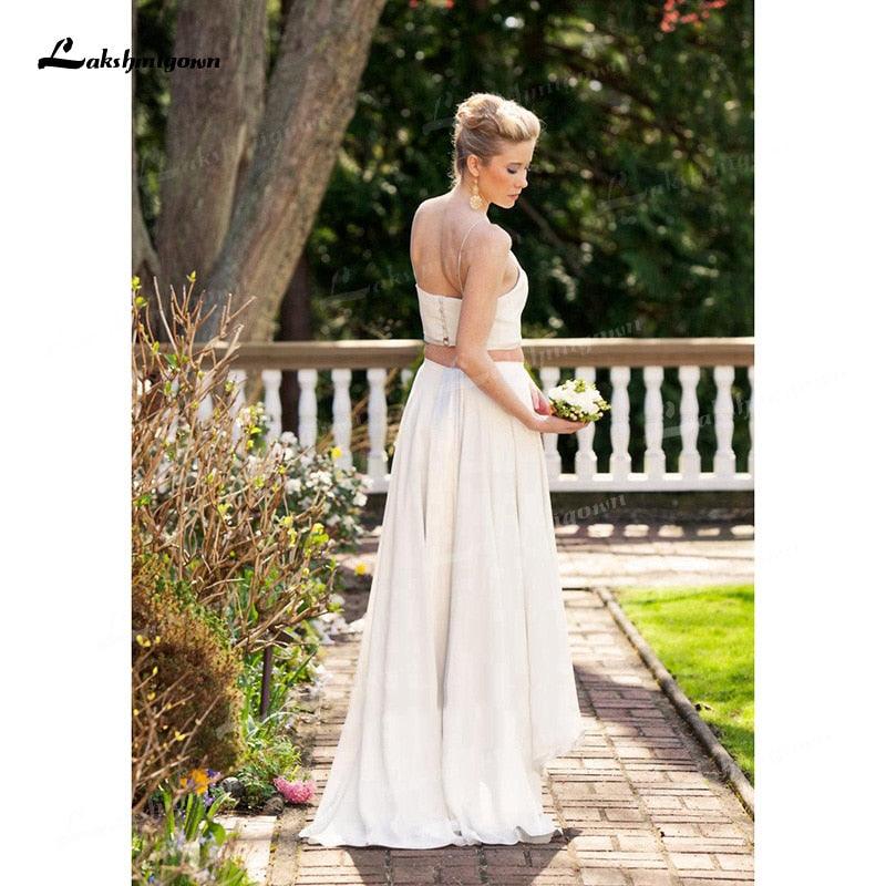 Vestidos de novia NumberSea de dos piezas de gasa, corte A, tirantes finos, cuello en V, espalda abierta, sin mangas, cola larga, para playa, con pliegues