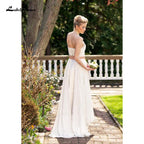 Vestidos de novia NumberSea de dos piezas de gasa, corte A, tirantes finos, cuello en V, espalda abierta, sin mangas, cola larga, para playa, con pliegues