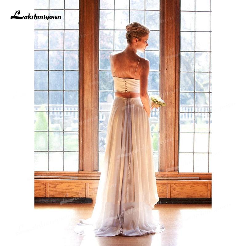 Vestidos de novia NumberSea de dos piezas de gasa, corte A, tirantes finos, cuello en V, espalda abierta, sin mangas, cola larga, para playa, con pliegues