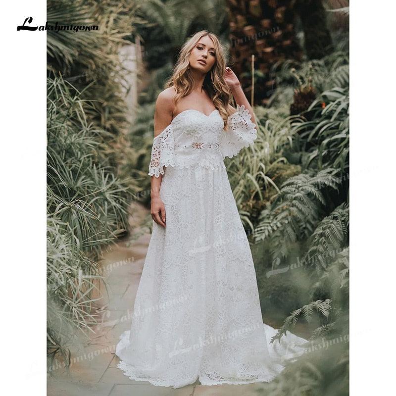 NumberSea - Vestidos de novia largos bohemios de dos piezas con escote corazón, apliques, largo hasta el suelo, cola larga, encaje, manga corta