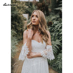 NumberSea - Vestidos de novia largos bohemios de dos piezas con escote corazón, apliques, largo hasta el suelo, cola larga, encaje, manga corta