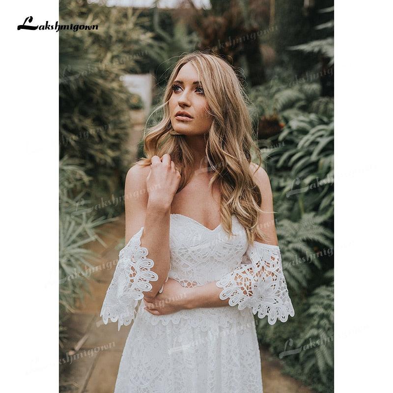 NumberSea - Vestidos de novia largos bohemios de dos piezas con escote corazón, apliques, largo hasta el suelo, cola larga, encaje, manga corta
