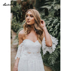 NumberSea - Vestidos de novia largos bohemios de dos piezas con escote corazón, apliques, largo hasta el suelo, cola larga, encaje, manga corta