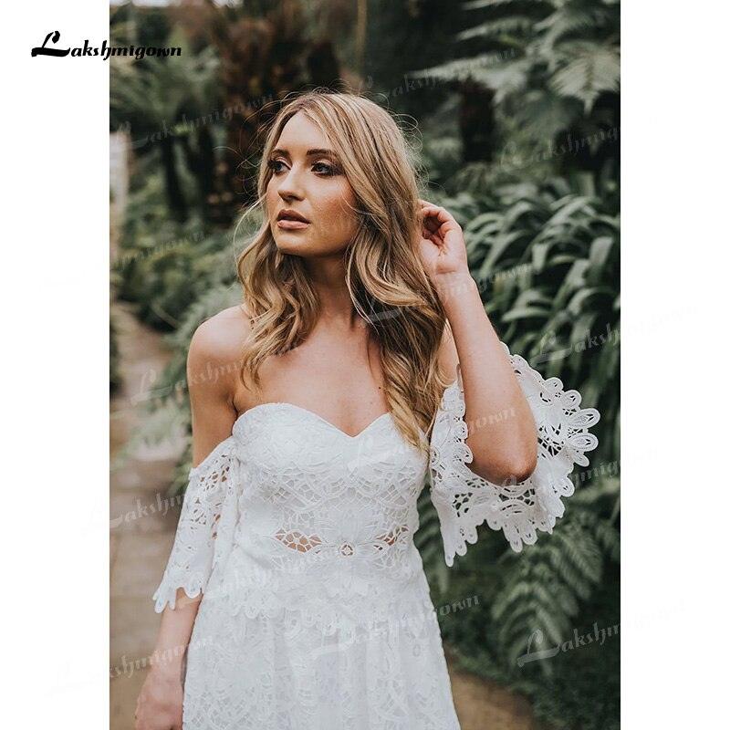 NumberSea - Vestidos de novia largos bohemios de dos piezas con escote corazón, apliques, largo hasta el suelo, cola larga, encaje, manga corta