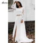 Vestidos de novia NumberSea de dos piezas, corte A, escote barco, encaje, corsé, ilusión, manga larga, espalda abierta, sexy, cola larga, gasa