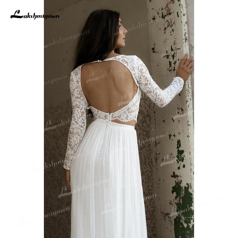 Vestidos de novia NumberSea de dos piezas, corte A, escote barco, encaje, corsé, ilusión, manga larga, espalda abierta, sexy, cola larga, gasa