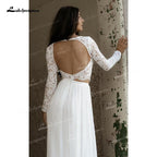 Vestidos de novia NumberSea de dos piezas, corte A, escote barco, encaje, corsé, ilusión, manga larga, espalda abierta, sexy, cola larga, gasa