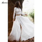 Vestidos de novia NumberSea de dos piezas, corte A, escote barco, encaje, corsé, ilusión, manga larga, espalda abierta, sexy, cola larga, gasa
