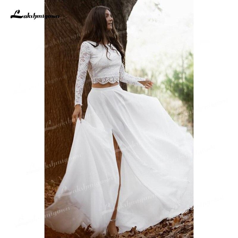 Vestidos de novia NumberSea de dos piezas, corte A, escote barco, encaje, corsé, ilusión, manga larga, espalda abierta, sexy, cola larga, gasa