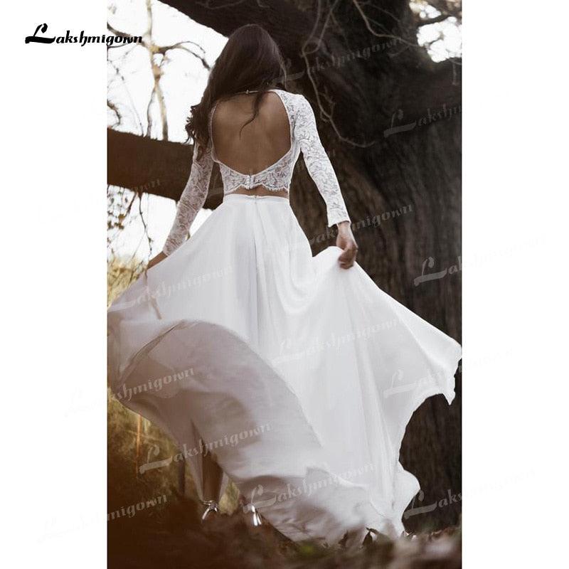 Vestidos de novia NumberSea de dos piezas, corte A, escote barco, encaje, corsé, ilusión, manga larga, espalda abierta, sexy, cola larga, gasa