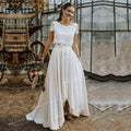 Vestido de novia NumberSea de dos piezas, con parte superior de encaje, manga corta, cuello redondo, de gasa, largo hasta el suelo, cola larga, diseño de botones en la espalda.
