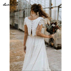 Vestido de novia NumberSea de dos piezas, con parte superior de encaje, manga corta, cuello redondo, de gasa, largo hasta el suelo, cola larga, diseño de botones en la espalda.