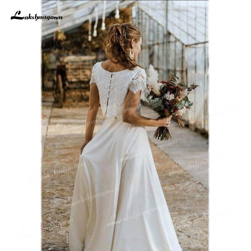 Vestido de novia NumberSea de dos piezas, con parte superior de encaje, manga corta, cuello redondo, de gasa, largo hasta el suelo, cola larga, diseño de botones en la espalda.