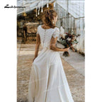 Vestido de novia NumberSea de dos piezas, con parte superior de encaje, manga corta, cuello redondo, de gasa, largo hasta el suelo, cola larga, diseño de botones en la espalda.