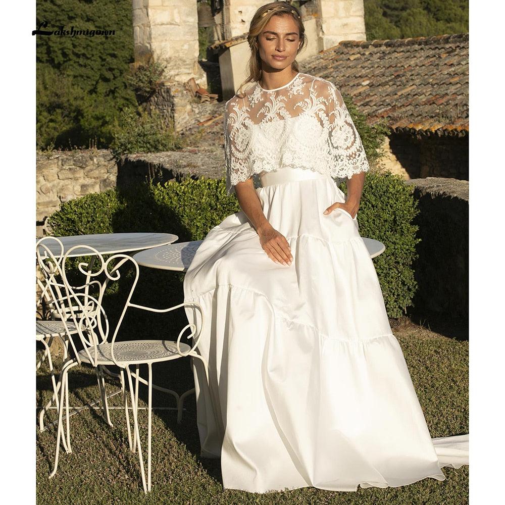 Vestidos de novia NumberSea de dos piezas con tirantes finos, encaje satinado, chal desmontable y botones traseros, sencillos y elegantes, 2021