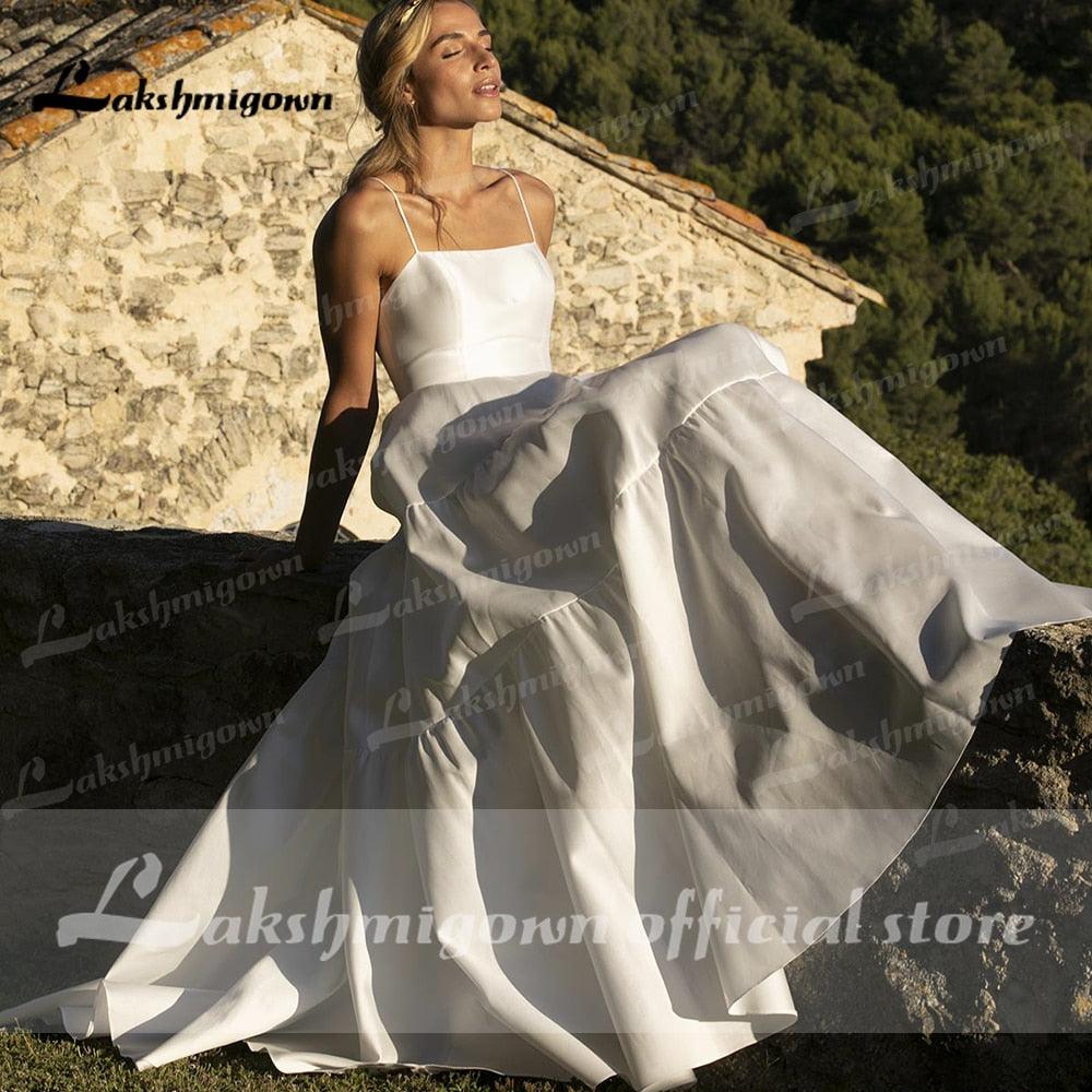 Vestidos de novia NumberSea de dos piezas con tirantes finos, encaje satinado, chal desmontable y botones traseros, sencillos y elegantes, 2021