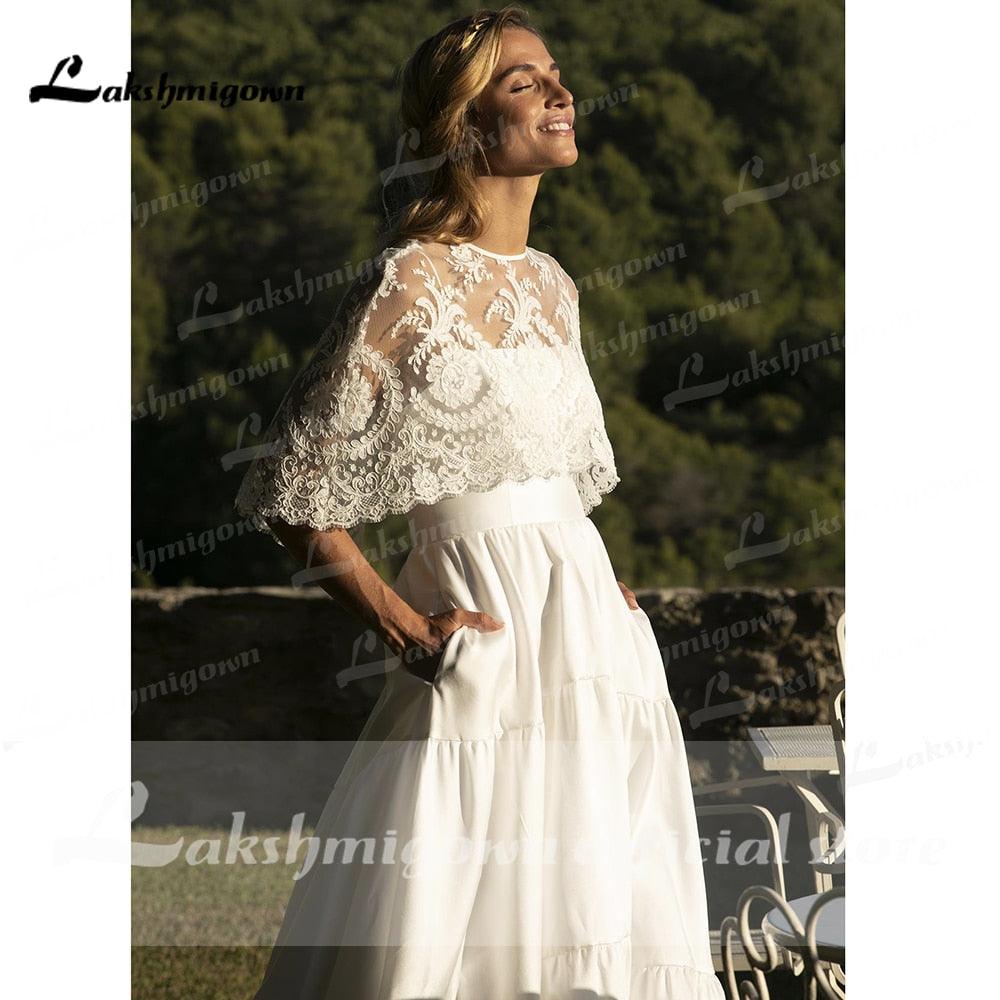 Vestidos de novia NumberSea de dos piezas con tirantes finos, encaje satinado, chal desmontable y botones traseros, sencillos y elegantes, 2021