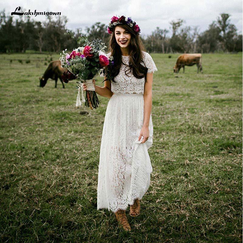 Vestido de novia bohemio de dos piezas con encaje y mangas, cuello redondo, largo hasta los tobillos, estilo hippie bohemio, corto, para mujer