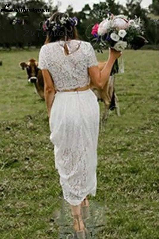 Vestido de novia bohemio de dos piezas con encaje y mangas, cuello redondo, largo hasta los tobillos, estilo hippie bohemio, corto, para mujer