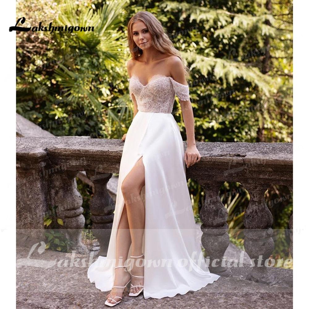 NumberSea suknie weselne 2021 Neueste Zwei Stücke Hohe Split Weg Von Der Schulter Hochzeit Kleider Mit Zurück Tasten vestidos de mujer boda