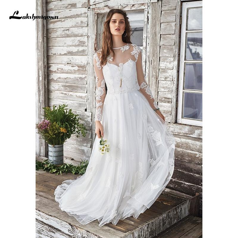 Vestido de novia blanco NumberSea Boho de dos piezas, sexy, 2021, sin mangas, largo hasta el suelo, con cola de corte, apliques de encaje, elegante