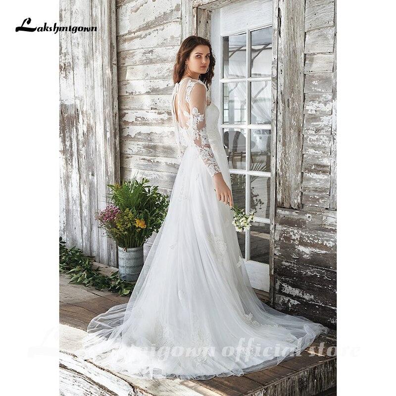 Vestido de novia blanco NumberSea Boho de dos piezas, sexy, 2021, sin mangas, largo hasta el suelo, con cola de corte, apliques de encaje, elegante