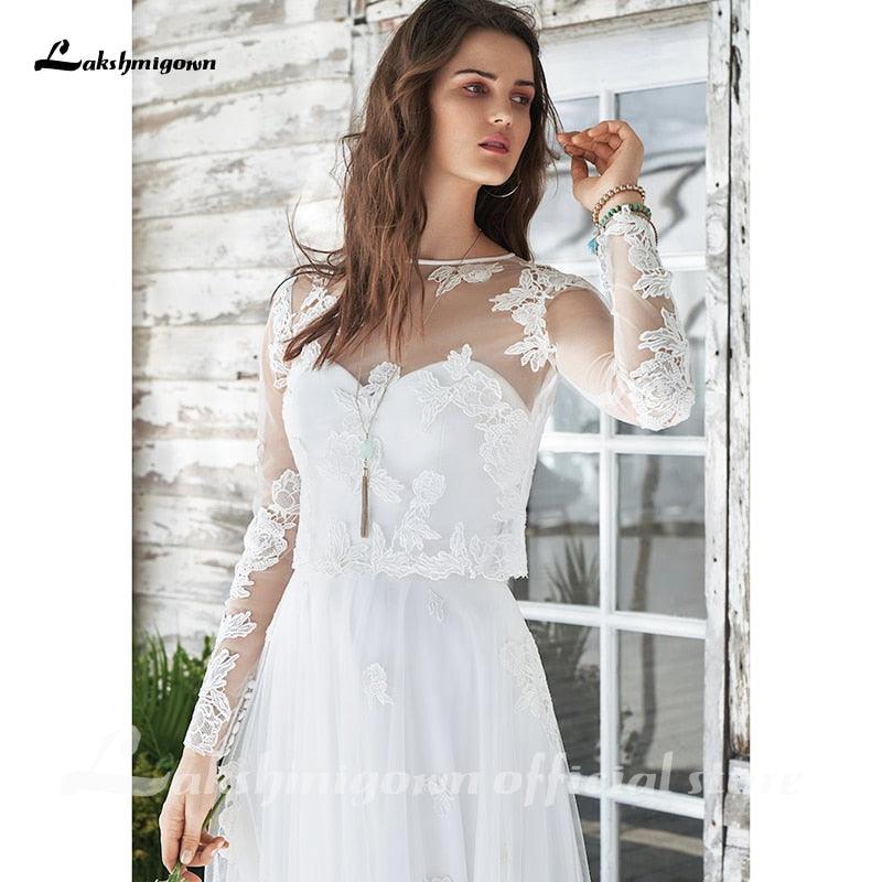 Vestido de novia blanco NumberSea Boho de dos piezas, sexy, 2021, sin mangas, largo hasta el suelo, con cola de corte, apliques de encaje, elegante
