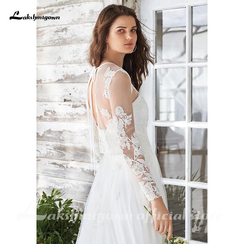 Vestido de novia blanco NumberSea Boho de dos piezas, sexy, 2021, sin mangas, largo hasta el suelo, con cola de corte, apliques de encaje, elegante