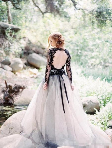 NumberSea Vintage Black Lace And White Tulle Wedding Dresses Sexy V Neck Backless Illusion Long Sleeves Gothic Bridal Gowns mariee