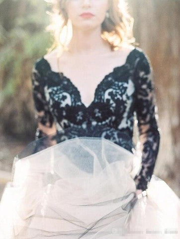NumberSea Vintage Black Lace And White Tulle Wedding Dresses Sexy V Neck Backless Illusion Long Sleeves Gothic Bridal Gowns mariee