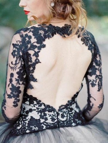 NumberSea Vintage Black Lace And White Tulle Wedding Dresses Sexy V Neck Backless Illusion Long Sleeves Gothic Bridal Gowns mariee