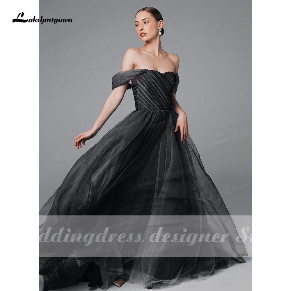 Vestido de novia sencillo NumberSea negro degradado, estilo bohemio, con hombros descubiertos, de malla, tul transparente, estilo gótico gris, talla grande
