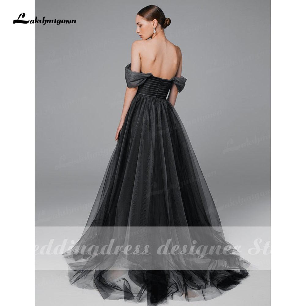 Vestido de novia sencillo NumberSea negro degradado, estilo bohemio, con hombros descubiertos, de malla, tul transparente, estilo gótico gris, talla grande