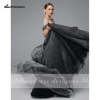 Vestido de novia sencillo NumberSea negro degradado, estilo bohemio, con hombros descubiertos, de malla, tul transparente, estilo gótico gris, talla grande