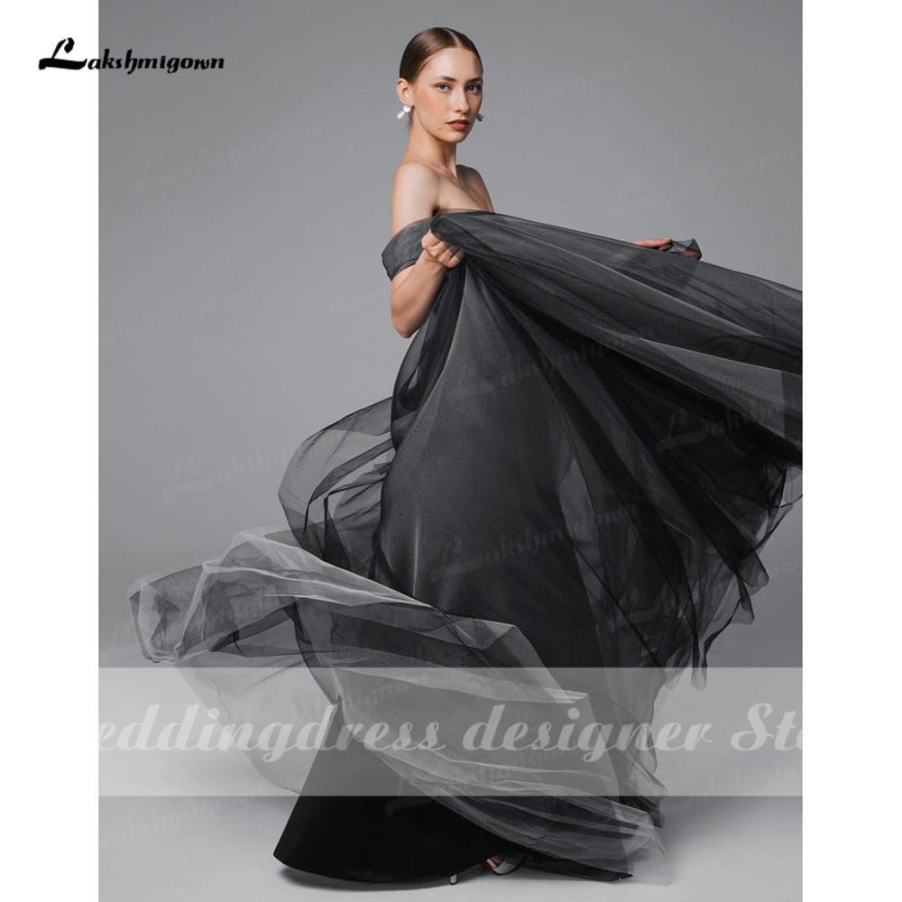Vestido de novia sencillo NumberSea negro degradado, estilo bohemio, con hombros descubiertos, de malla, tul transparente, estilo gótico gris, talla grande