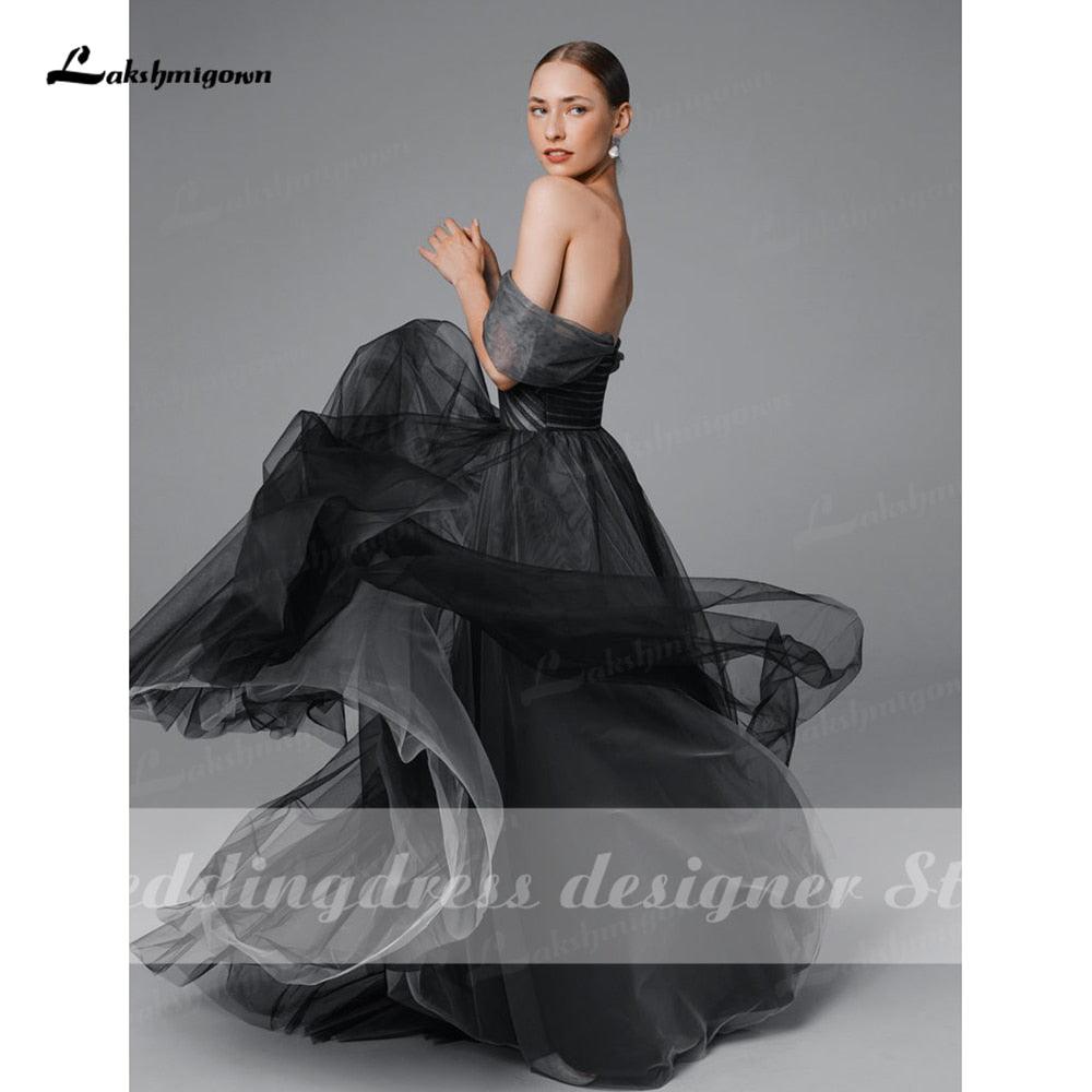 Vestido de novia sencillo NumberSea negro degradado, estilo bohemio, con hombros descubiertos, de malla, tul transparente, estilo gótico gris, talla grande