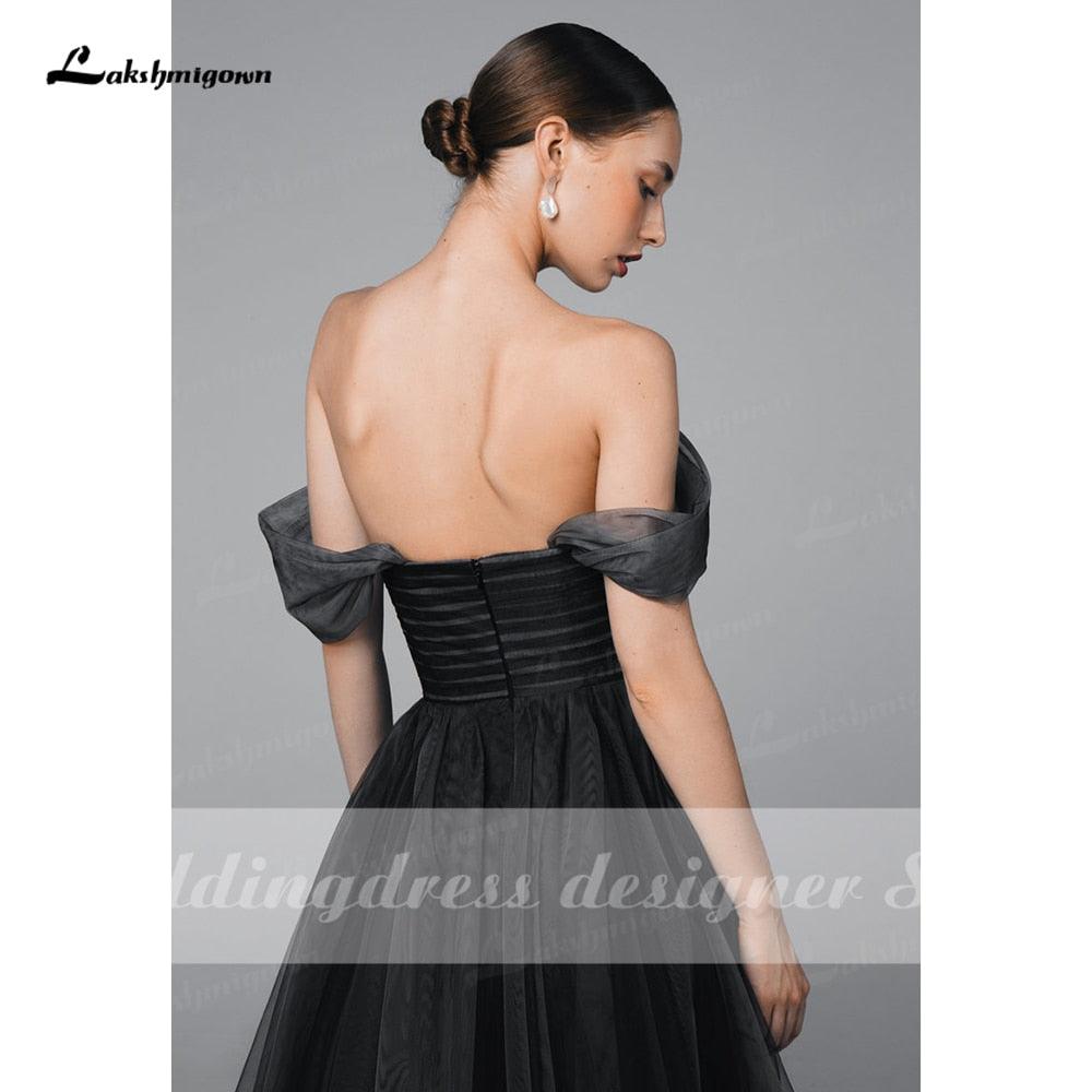 Vestido de novia sencillo NumberSea negro degradado, estilo bohemio, con hombros descubiertos, de malla, tul transparente, estilo gótico gris, talla grande